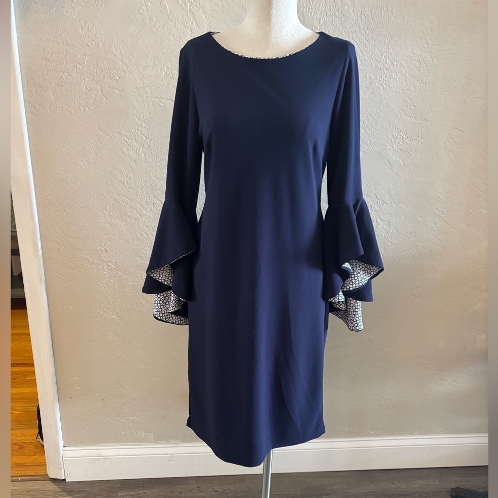 Shelby & Palmer Navy Blue Ruffle Bell Sleeve Dress